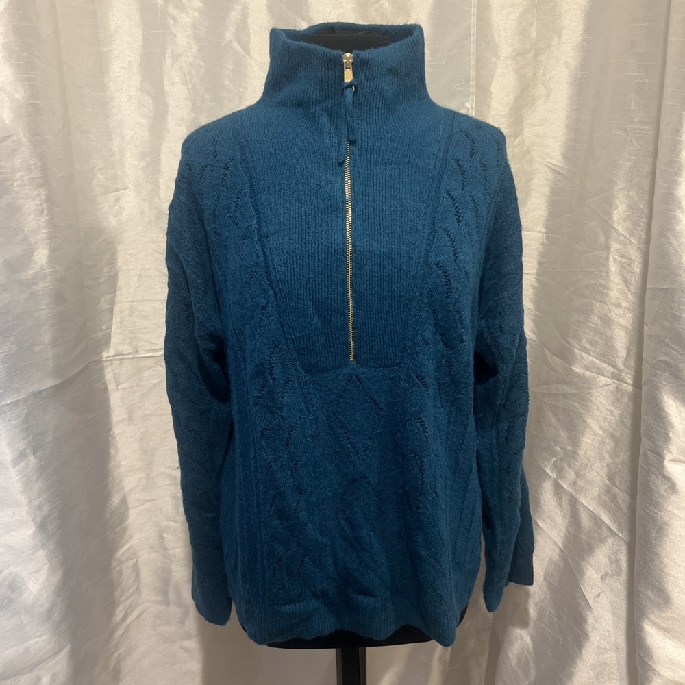 Talbots Womens Cable Knit‎ Zip Collar Sweater  Turquoise XL  Pullover  1/2 Zip